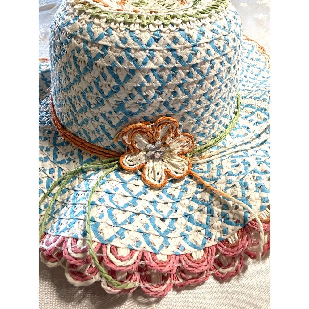 NWOT CutieCollection Summer Easter Straw Hat 20" Blue White Pink Girls Sz 3T-5T